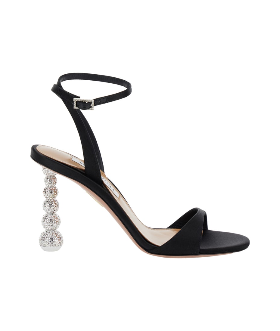 yes Baby Black Strappy Sandals With Sculptural Heel In Satin Woman