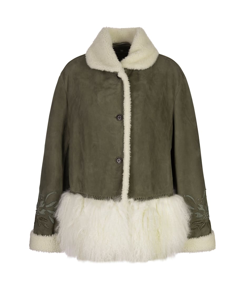 Ermanno Scervino Green Single-breasted Shearling With Embroidery