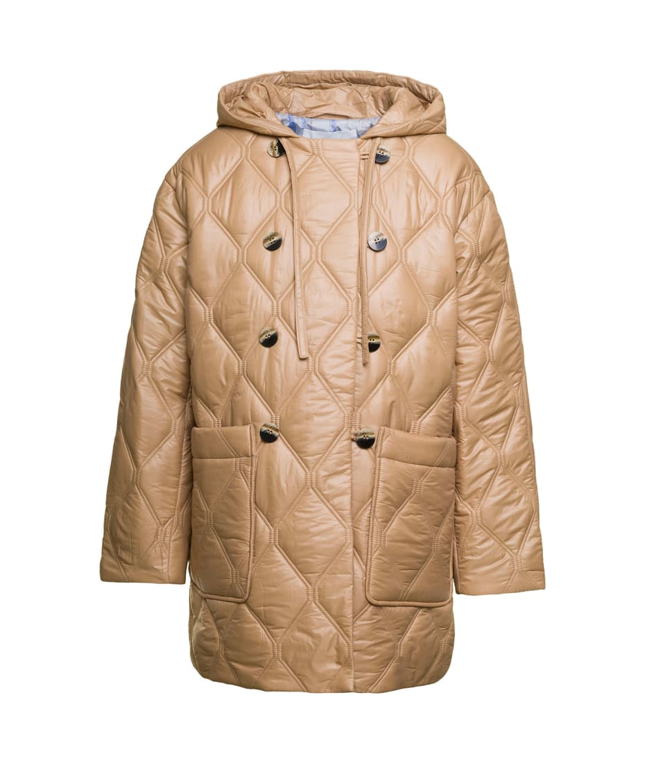 Beige Quilted Down Jacket With Hood In Recycled Nylon Woman