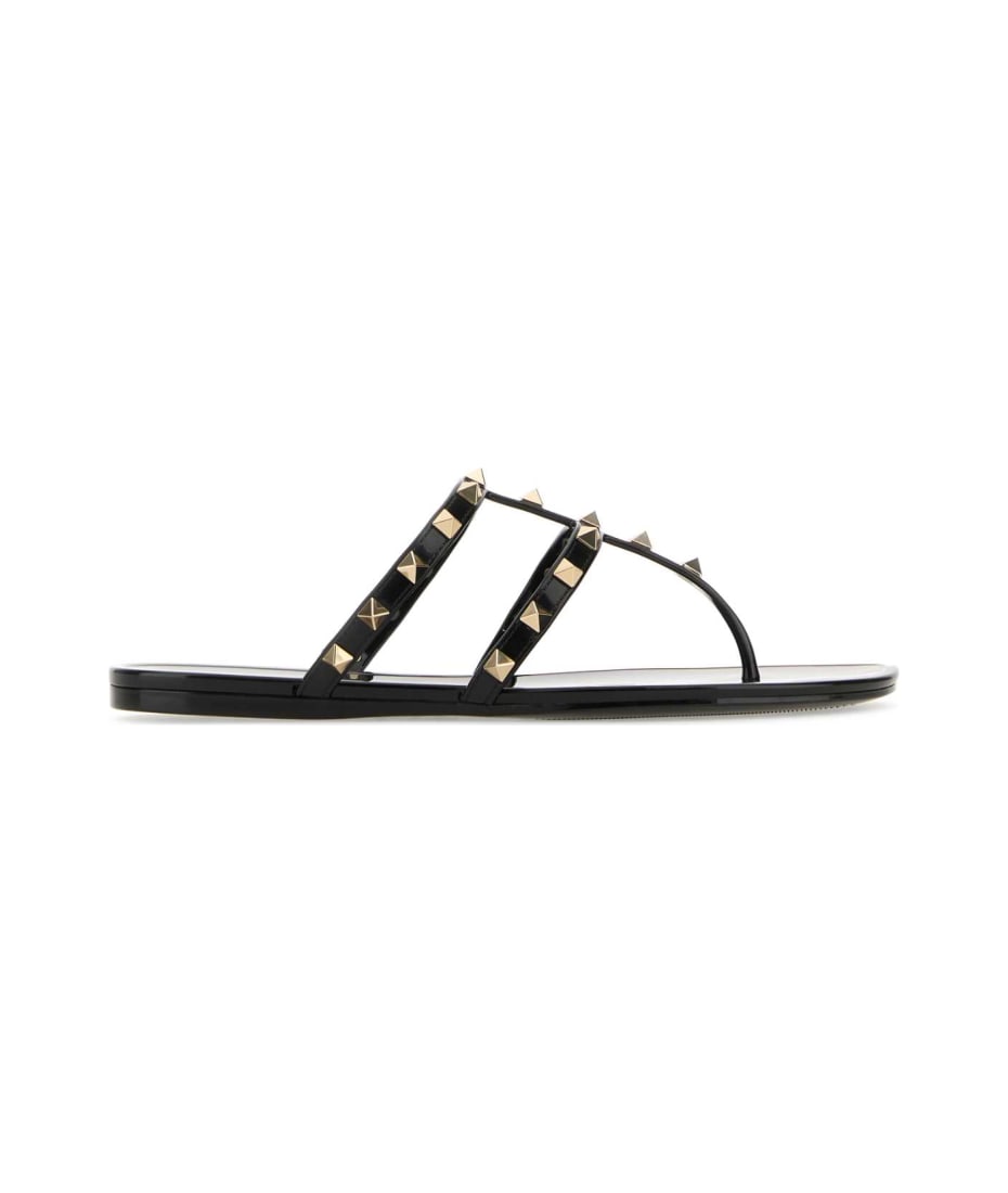 サンダル・ミュール Valentino Garavani Black Leather Rockstud Thong Sandals Valentino Garavani Rockstud Flat Thong Sandals, Black