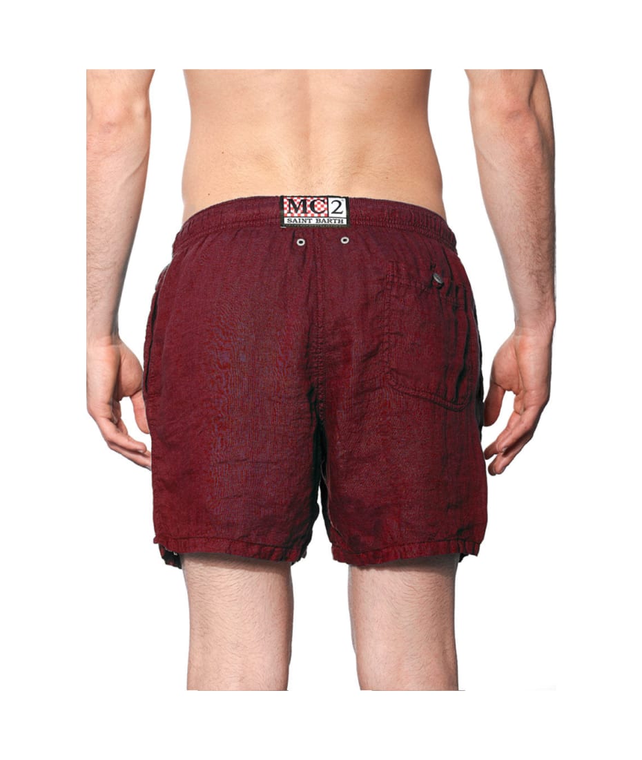 Solid Bordeaux Mid-length Linen Swim Shorts