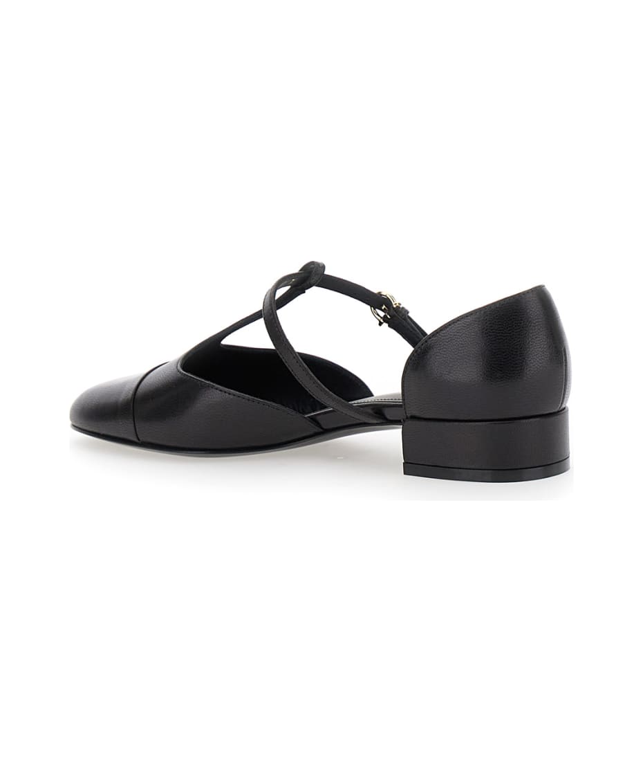 'lainette' Black Ballet Shoes With T-strap And Round Toe In Leather Woman