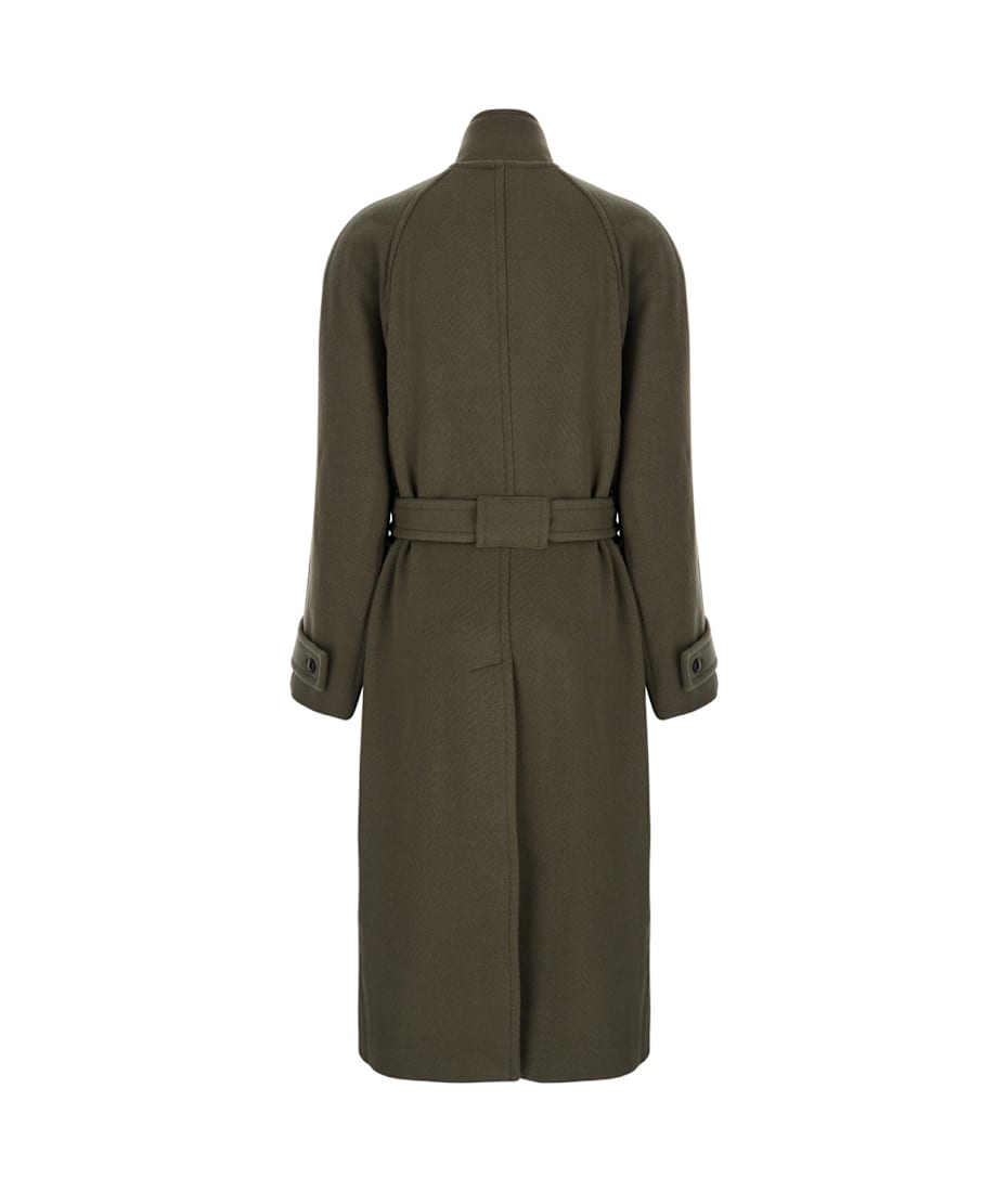 Low Classic Green Double-breasted Coat With Removable Belt