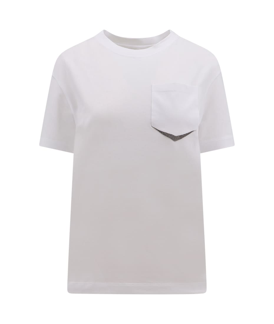 Brunello Cucinelli White Cotton T-Shirt With Shiny Pocket