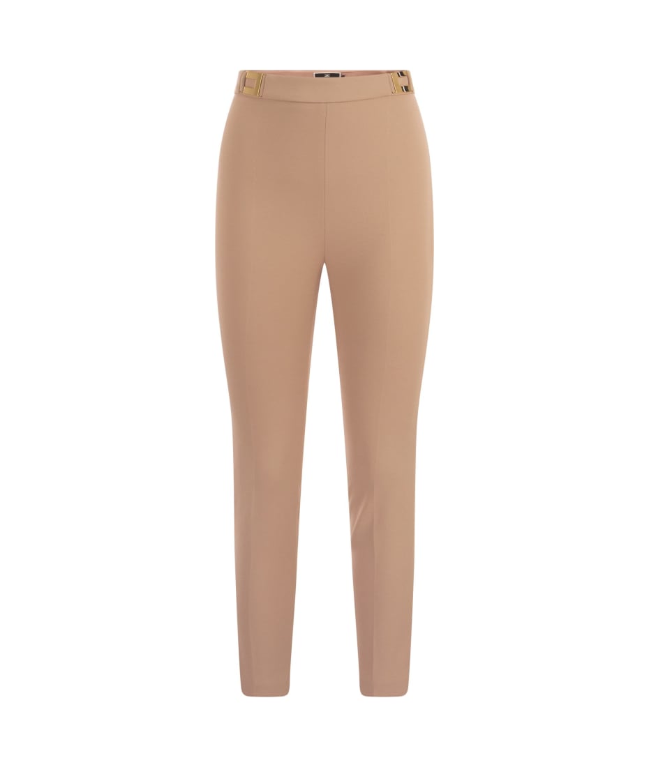 Elisabetta Franchi Straight Crepe Trousers With Logo Plaques