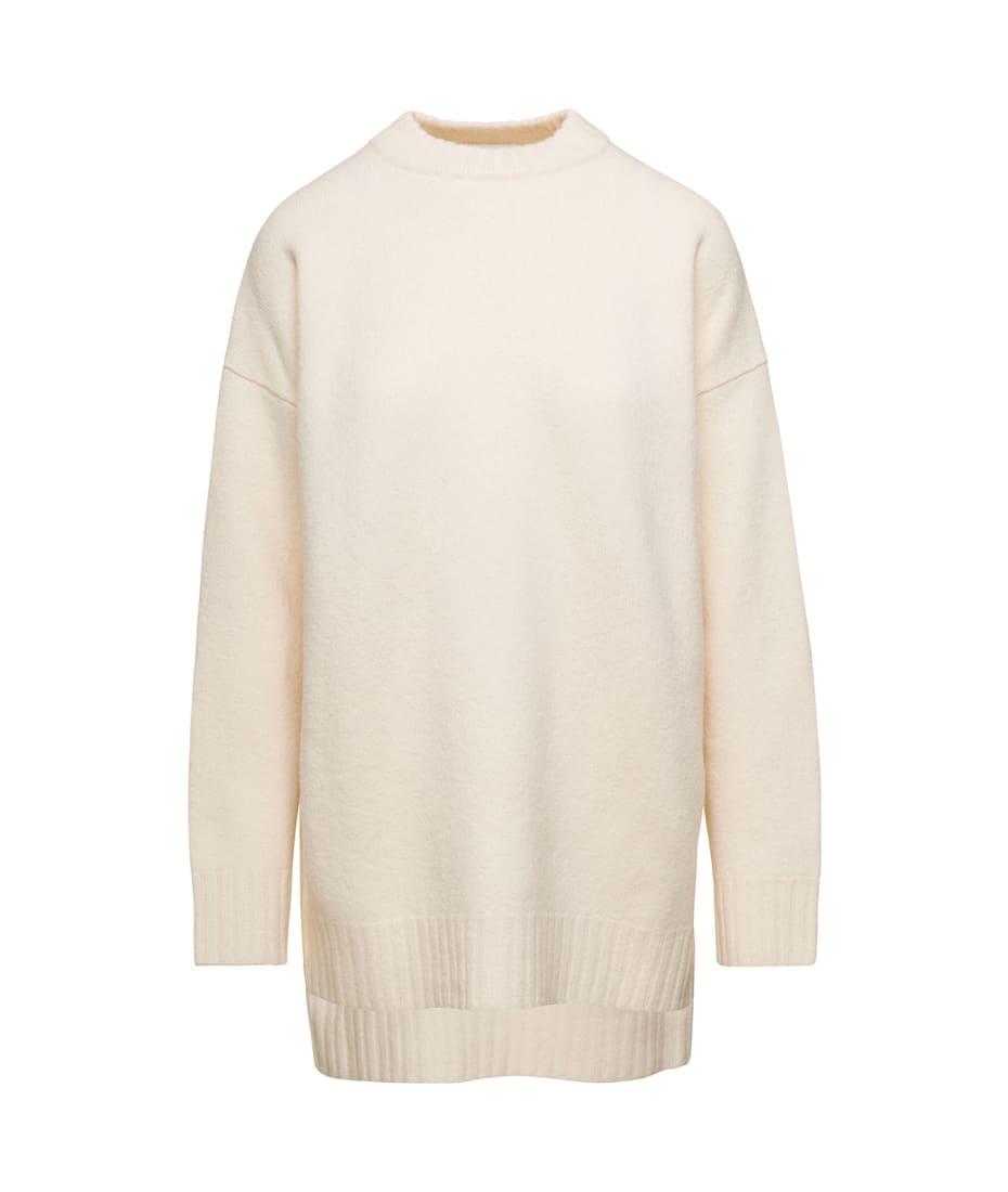 Oversized White Crewneck Sweater With Shorter Hem At The Front In Wool Woman