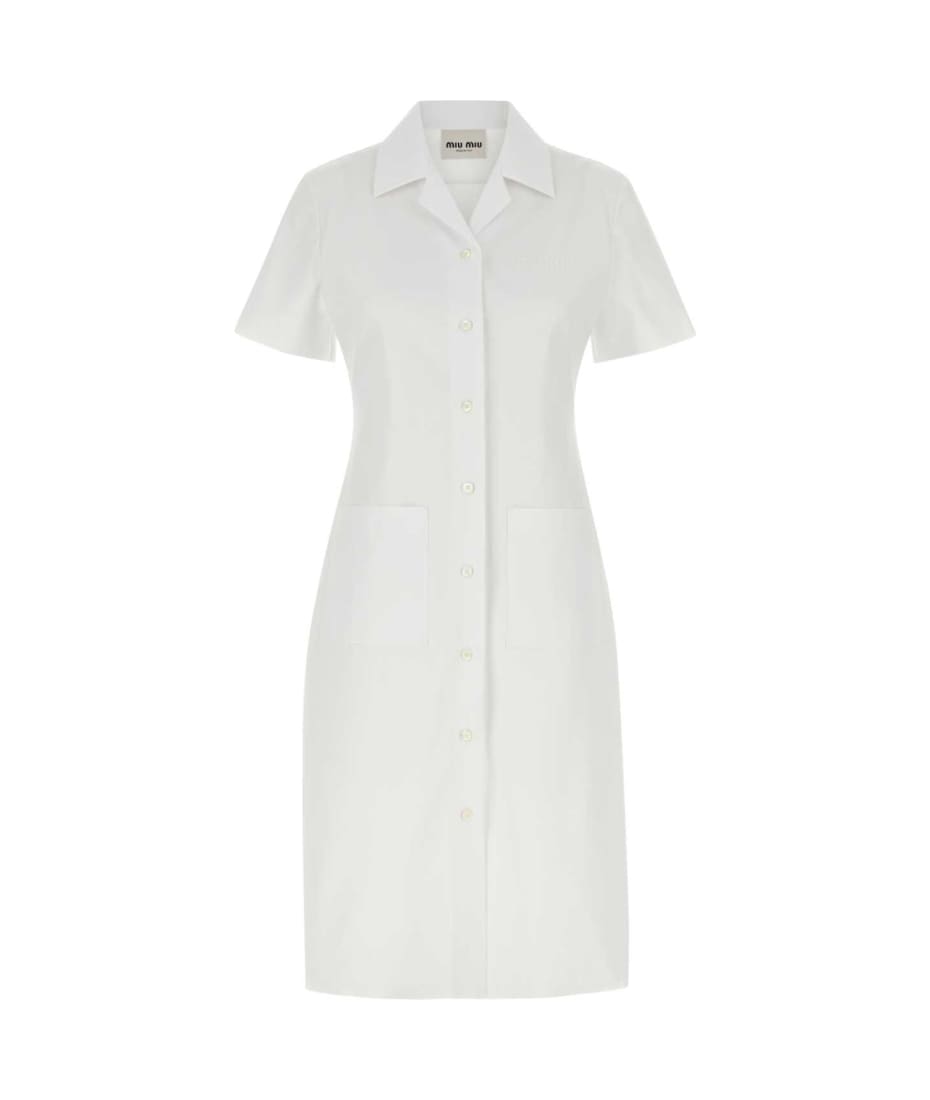 【送料&関税込】Miu Miu White Poplin Shirt Dress Gathered cotton poplin shirt dress in white - Miu Miu