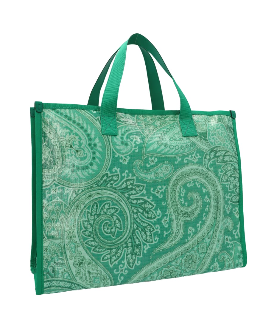 Etro Green Leather Paisley Embossed Shopper Tote Etro
