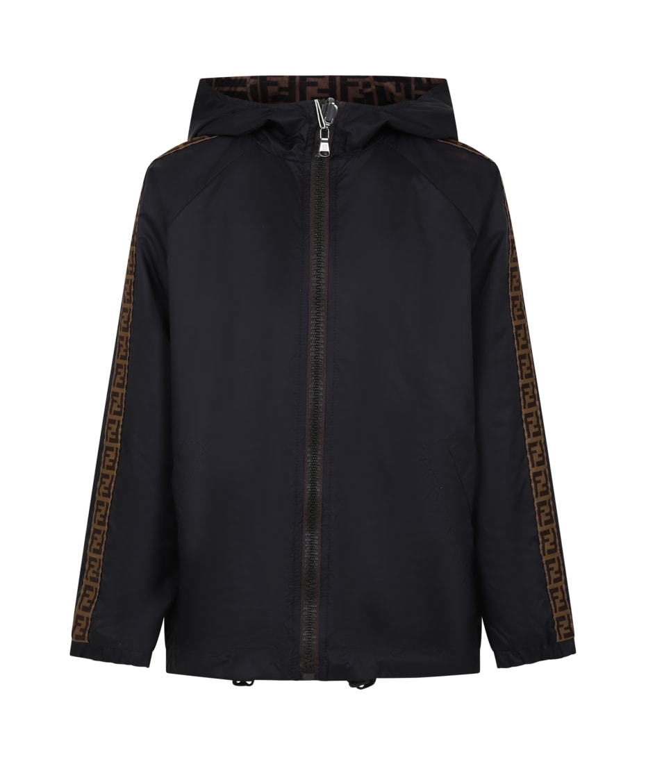 Fendi Black Reversible Raincoat For Kids With Double F | italist