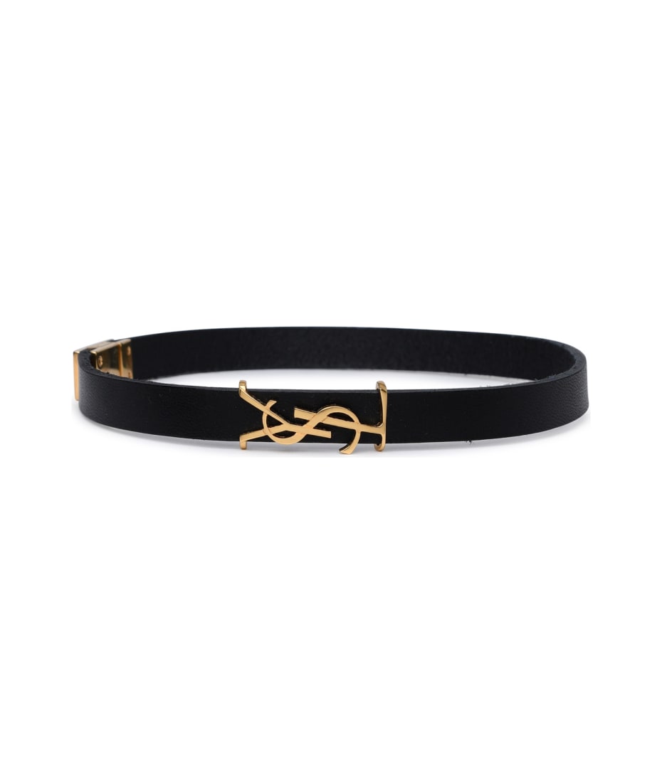 Saint Laurent Ysl Insignia Leather Bracelet in Black/Gold