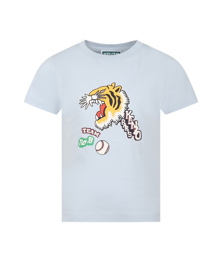 Kenzo Kids Light Blue T shirt For Baby Boy With Tiger And Logo