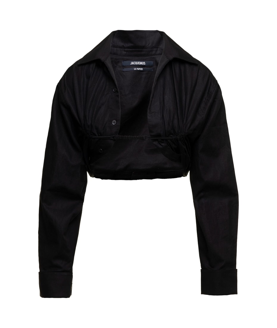 le Chemise Machou' Black Gathered Cropped Shirt In Cotton And