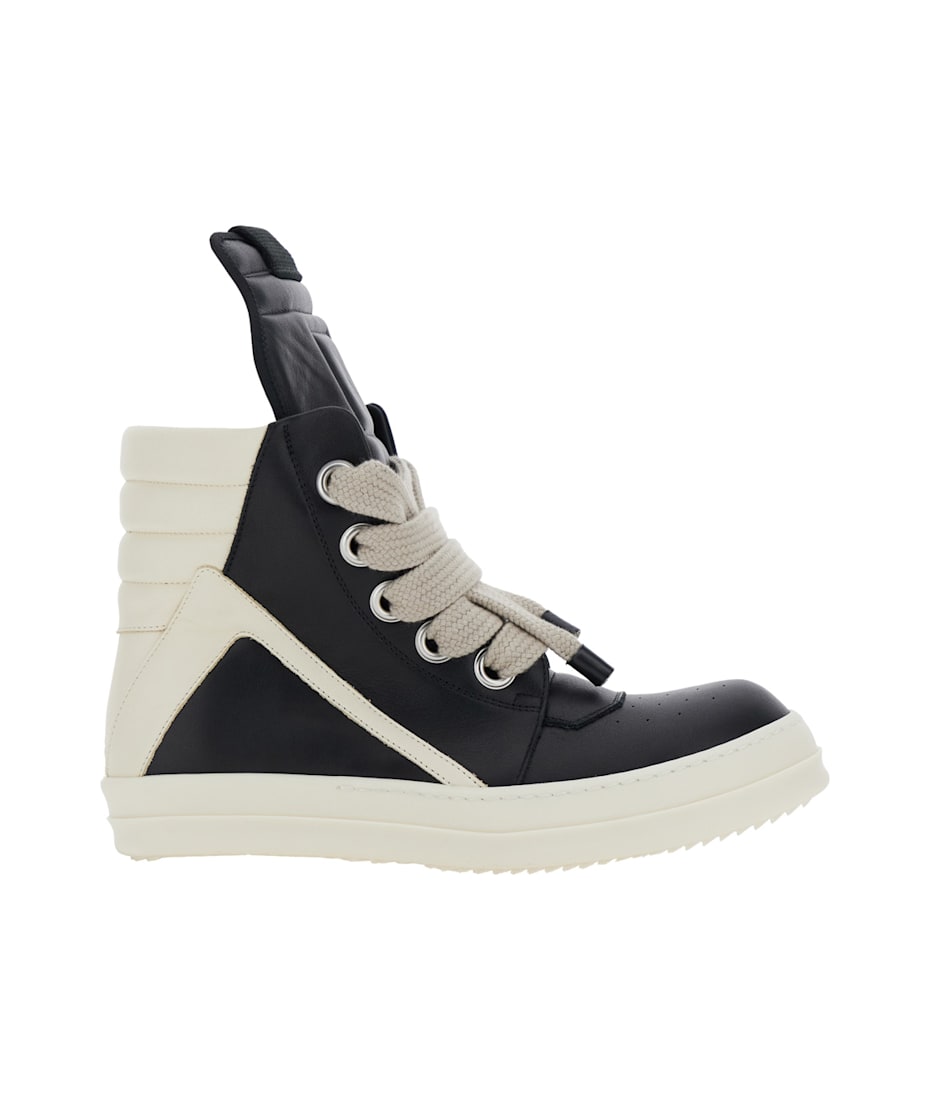 Black And White Sneakers With Decorative Laces And Side Zip Closure In Leather Woman