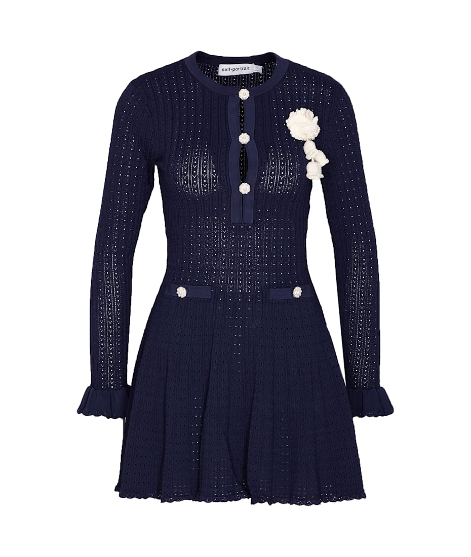 ワンピース SELF PORTRAIT KNIT CROCHET FLOWER MINI DRESS Navy Pointelle Knit Crochet Flower Mini Dress – self-portrait-US