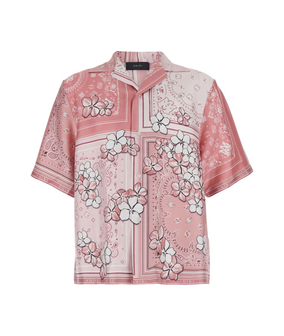 AMIRI Pink Bowling Shirt With Floral Bandana Print In Silk
