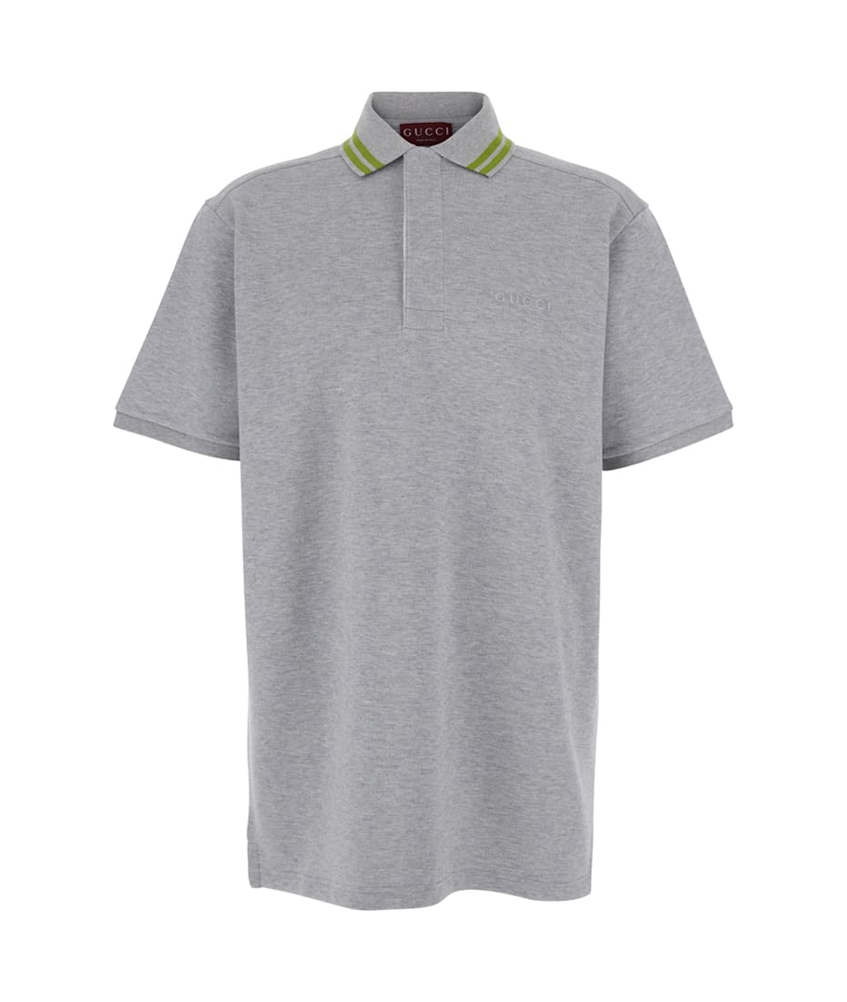 Grey Polo Shirt With Striped Collar And Tone-on-tone Embroidered Logo On The Front In Cotton Man