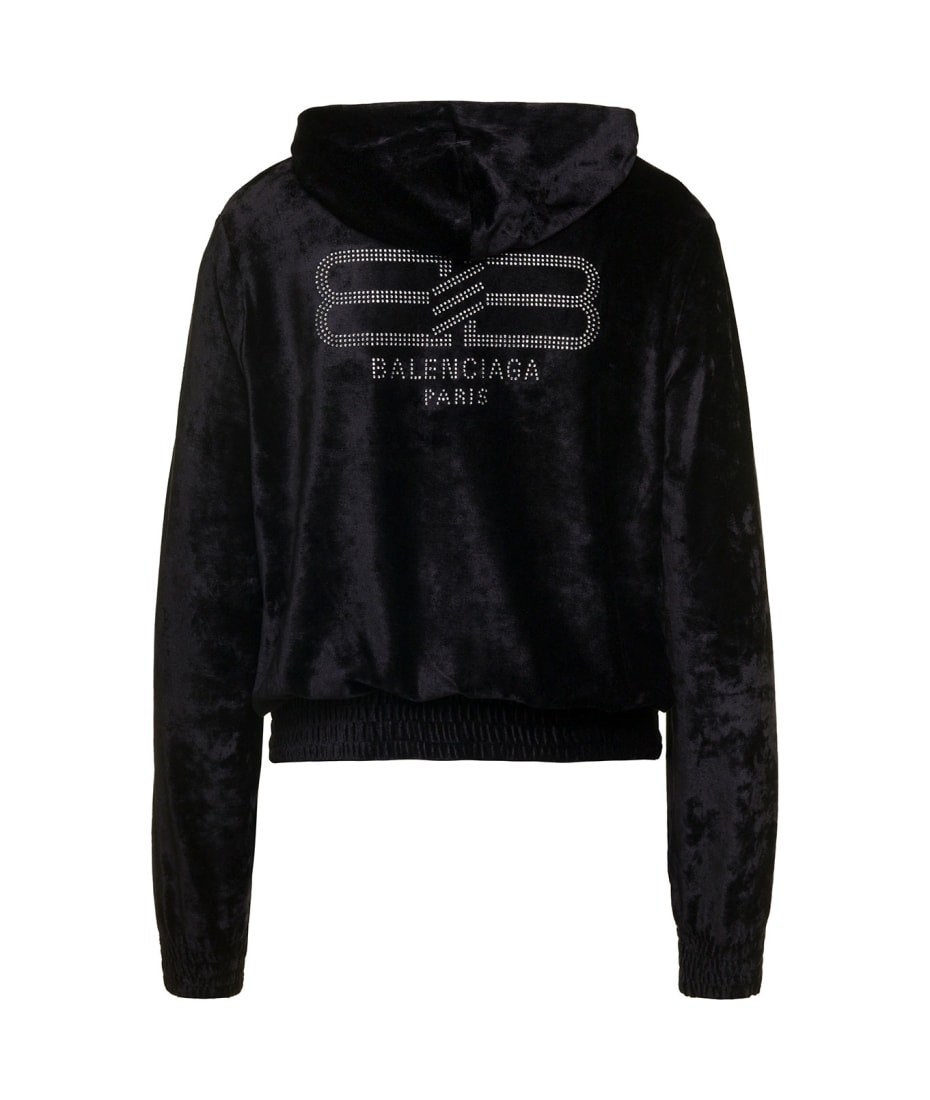 Balenciaga Black Zip-up Hoodie And Rhinestone Bb Logo In Velvet
