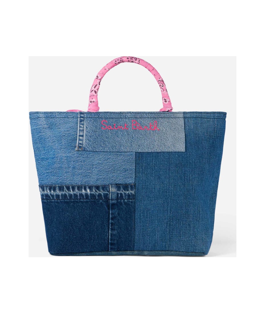 Denim Patchwork Handbag With Pink Bandanna Handles
