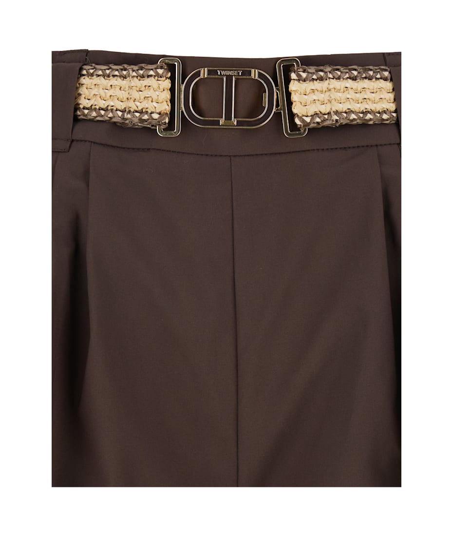 TwinSet Brown Shorts With Waist Belt And Metallic Logo