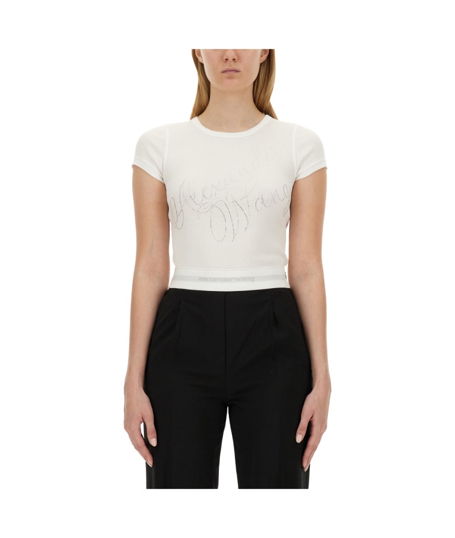 Tシャツ・カットソー Alexander Wang RHINESTONE LOGO T-SHIRT (1CC3241920_022A) Crystal Hotfix Tee in Ribbed Jersey in WASHED ASH