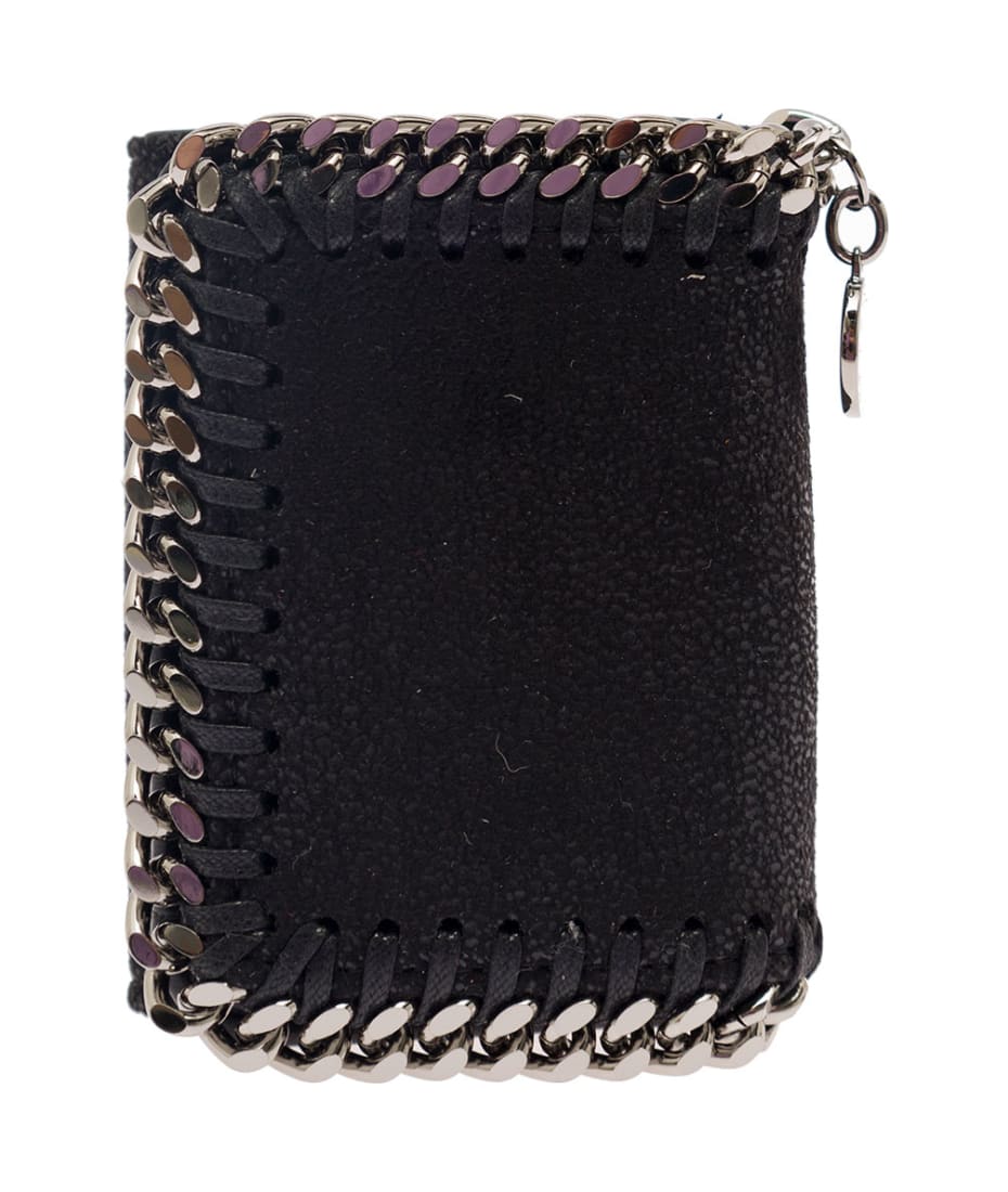 Stella McCartney Black Tri-fold Wallet With Chain Detail In Faux