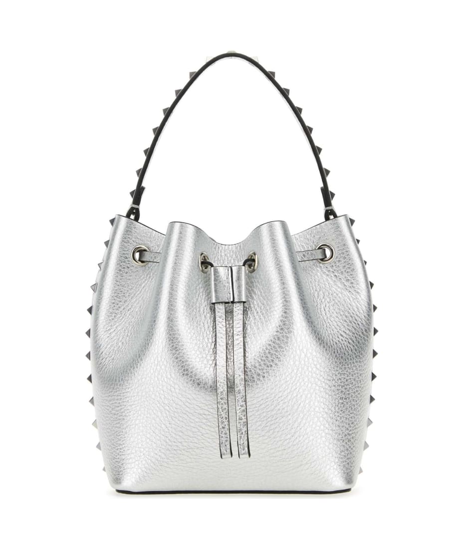 Valentino Garavani Silver Leather Rockstud Bucket Bag