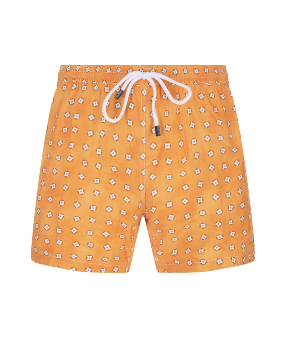 Orange Swim Shorts With Geometric Micro Pattern