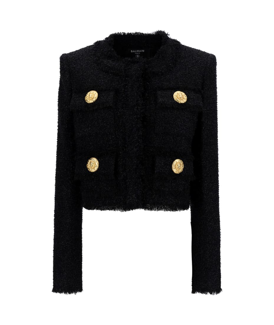 Balmain Black Cropped Jacket With Jewel Buttons In Tweed Woman