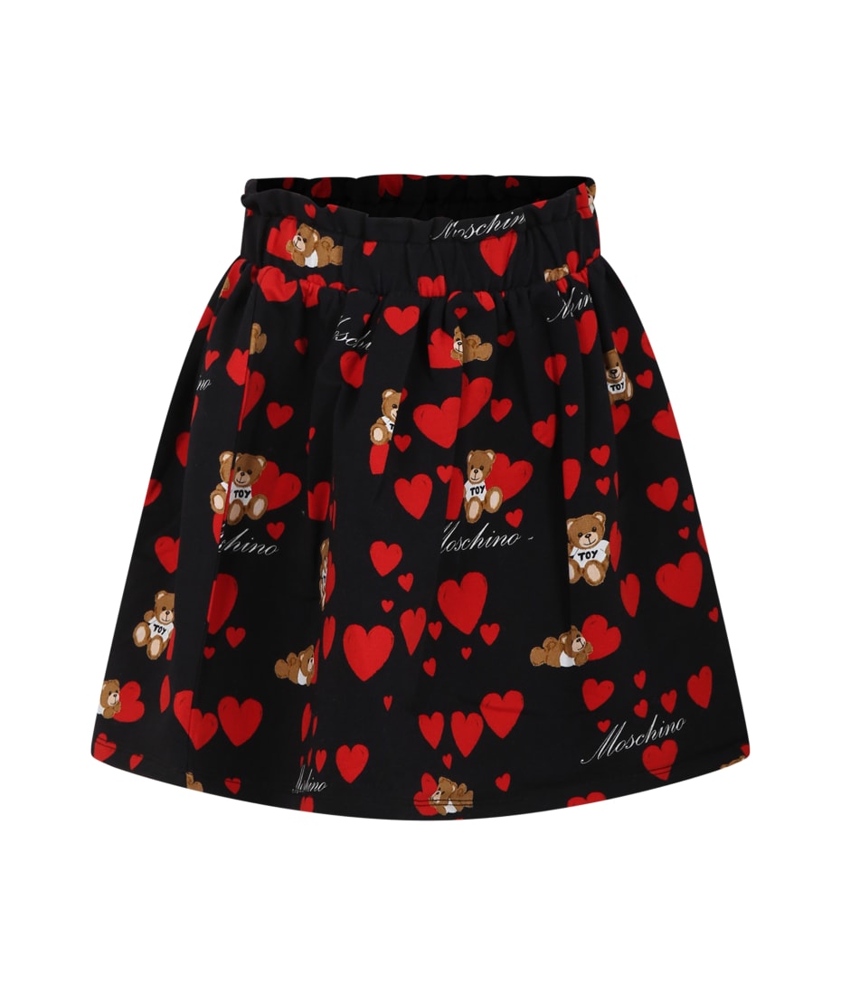 Moschino Black Skirt For Girl With Teddy Bear And Hearts