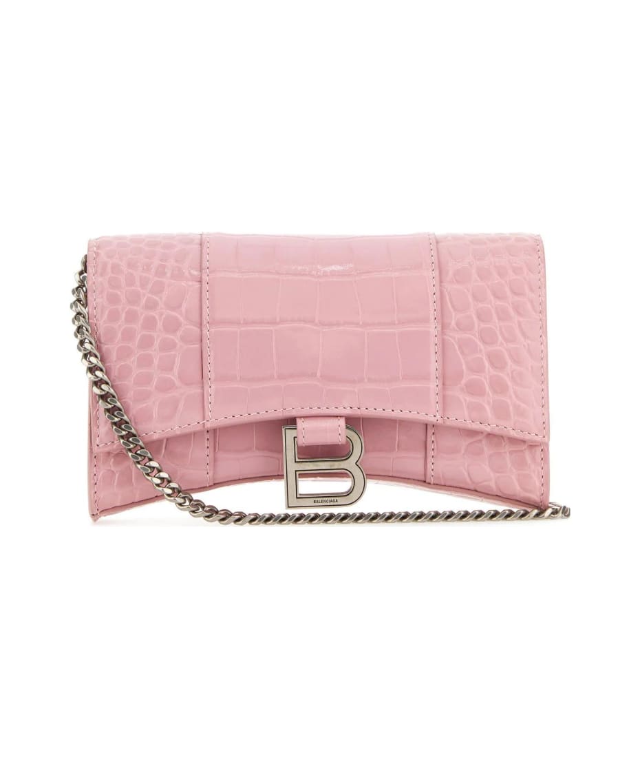 Balenciaga Hourglass Crocodile Embossed Chain Wallet Pink