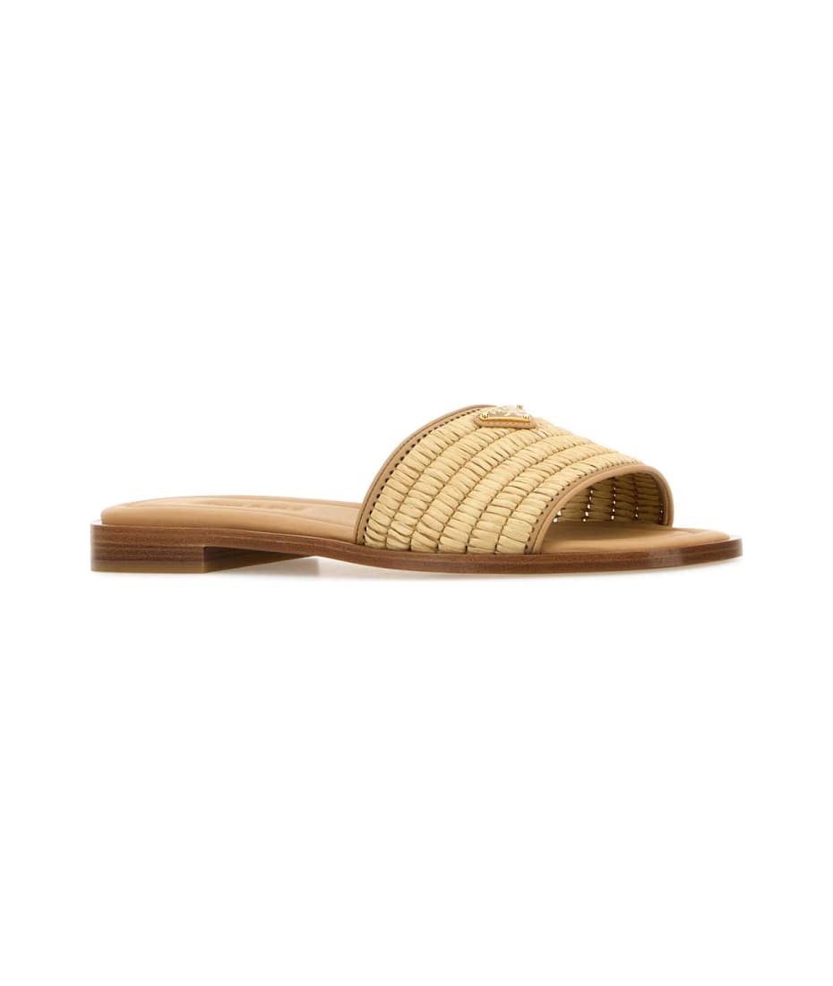 【関税&送料込】Prada Beige Raffia And Leather Slippers Prada Beige Raffia And Leather Slippers | italist