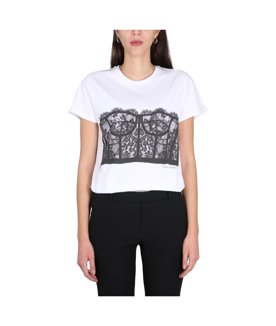 【Alexander McQUEEN】Lace Corset Short Sleeve T-shirt Alexander McQueen Black Lace Corset T-Shirt Alexander McQueen