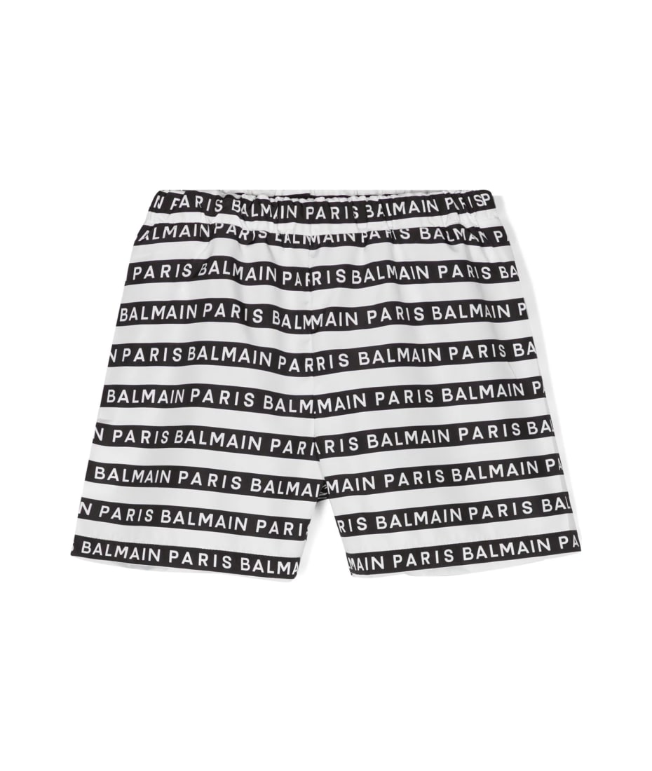 balmain Unlined All-over Logo Striped Beach Boxer Shorts - Black
