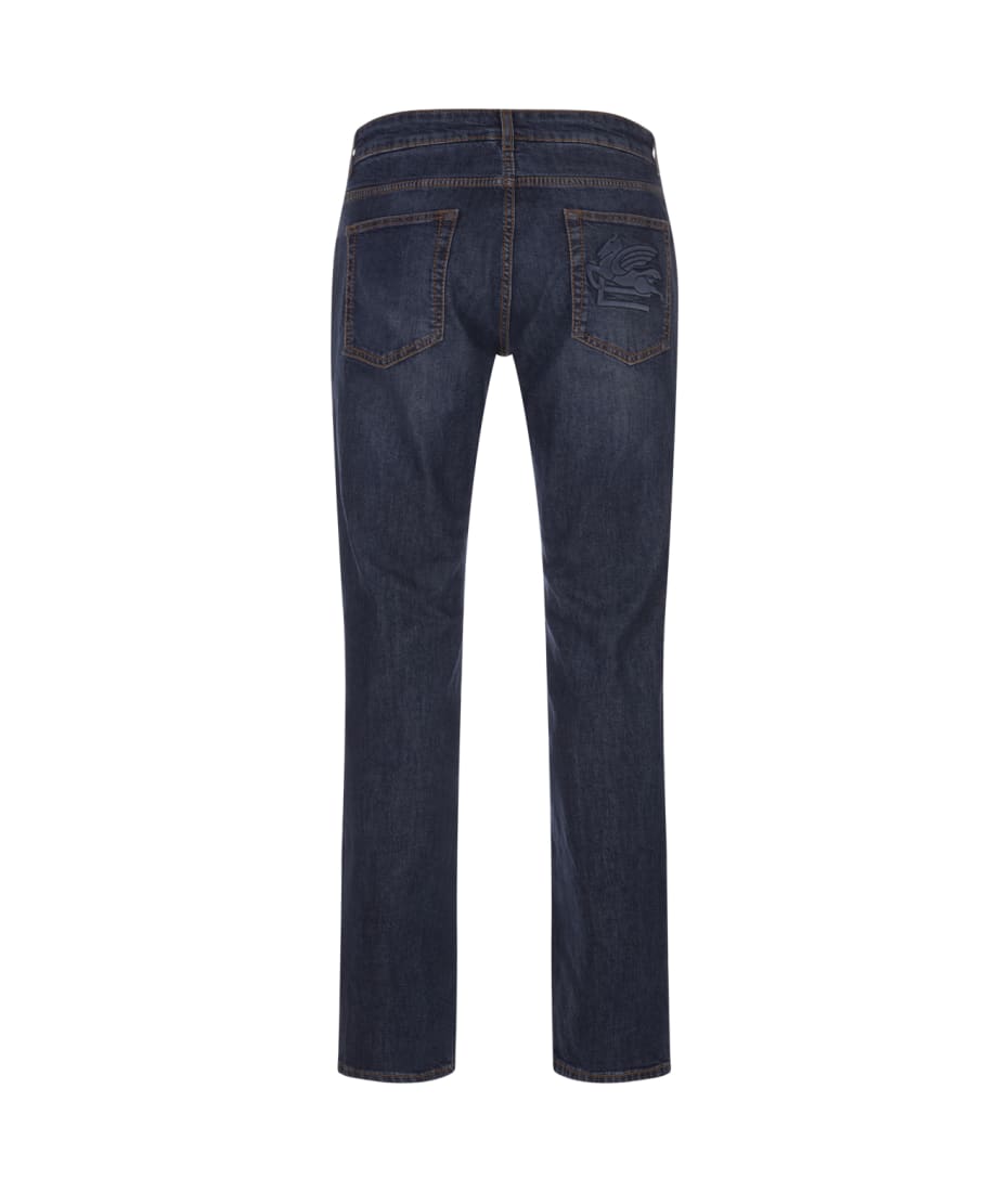 Etro Navy Blue Jeans With Pegasus Embroidery At Back