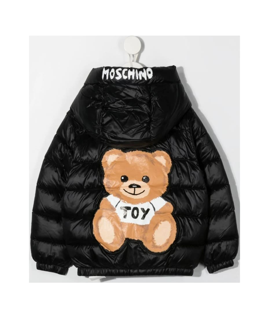 Moschino Kids Down Jacket In Black Nylon With Teddy Bear On