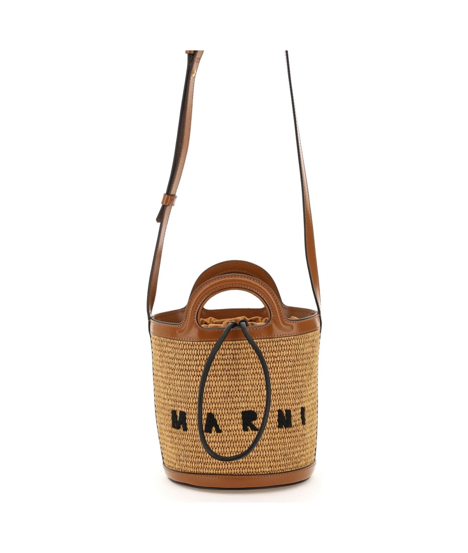 ★MARNI★ Mini Tropicalia Bucket Bag Opal Mocha SCMP0056Q1P3 Tropicalia Small Bucket Bag in brown leather and raffia