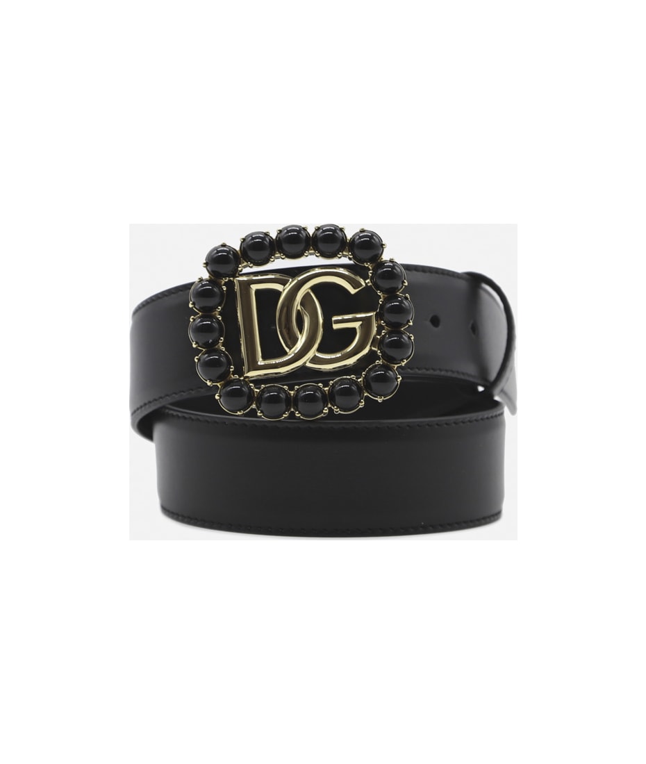 Dolce & Gabbana Leather Rhinestones And Pearls Embellished Dg Logo Belt in Black Womens Accessories Belts 