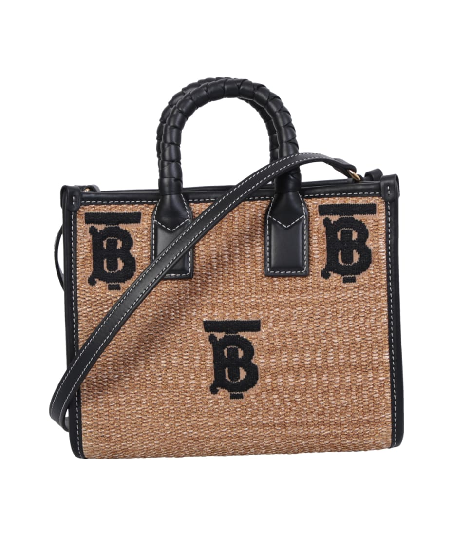 Burberry Freya Mini Raffia Effect Monogram Tote