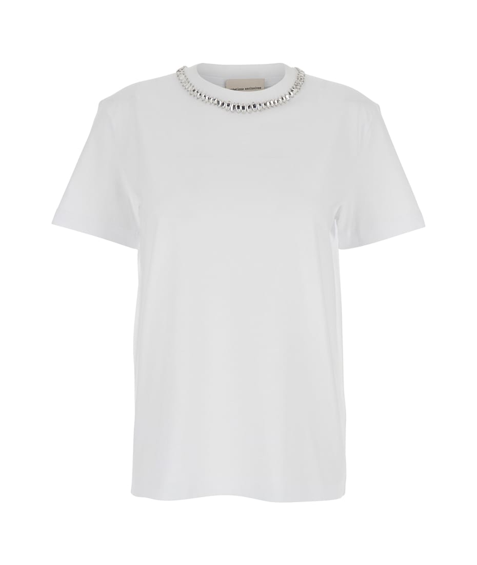 White Round Neck T-shirt With Metallic Decorations In Cotton Woman