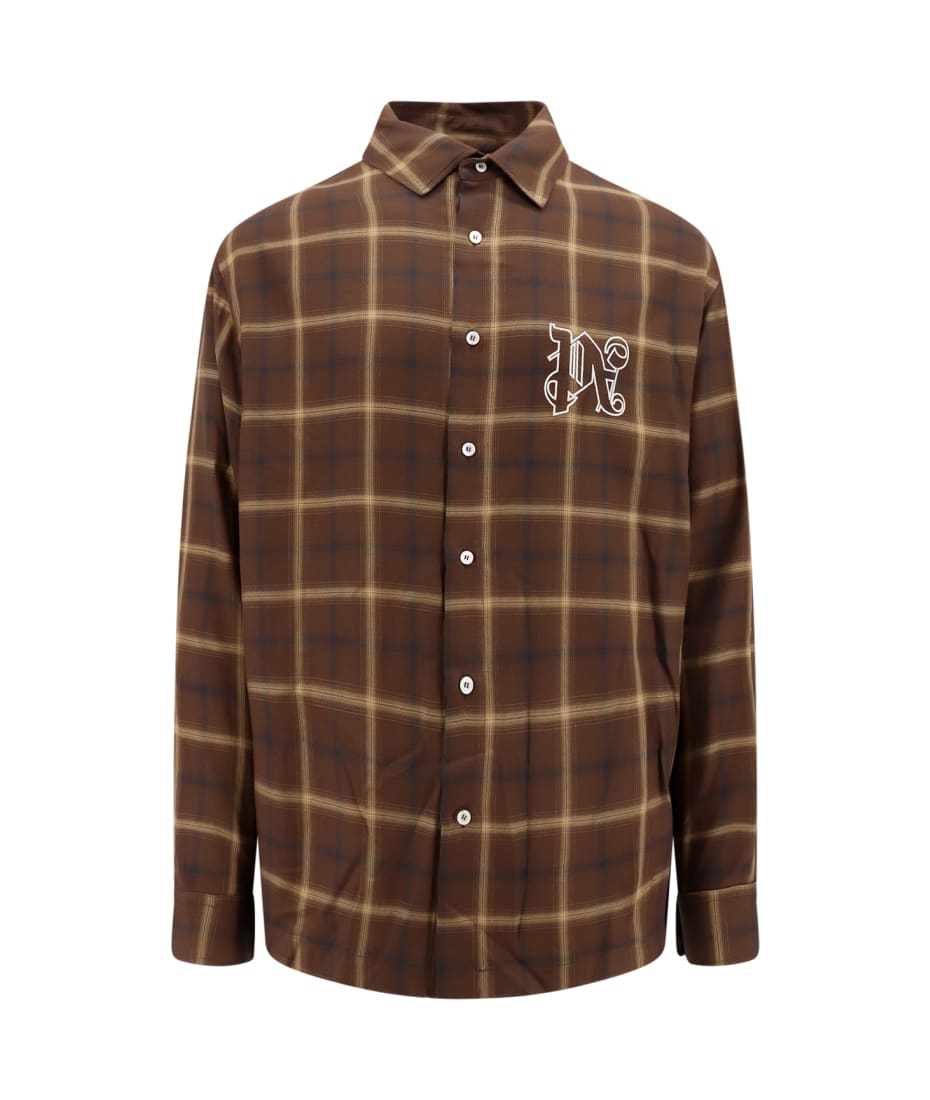 Brown Monogram-embroidered cotton-flannel overshirt, Palm Angels