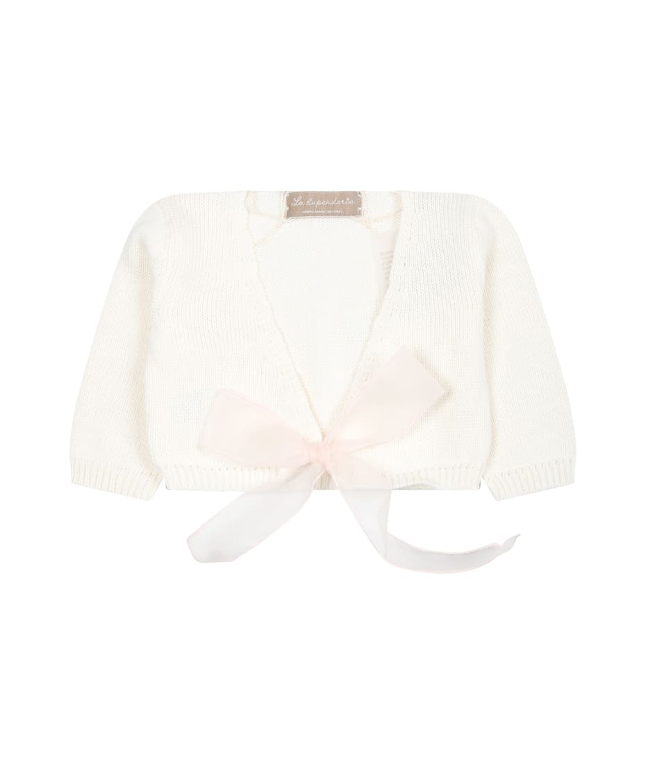 La stupenderia White Cardigan For Baby Girl With Pink Bow - White