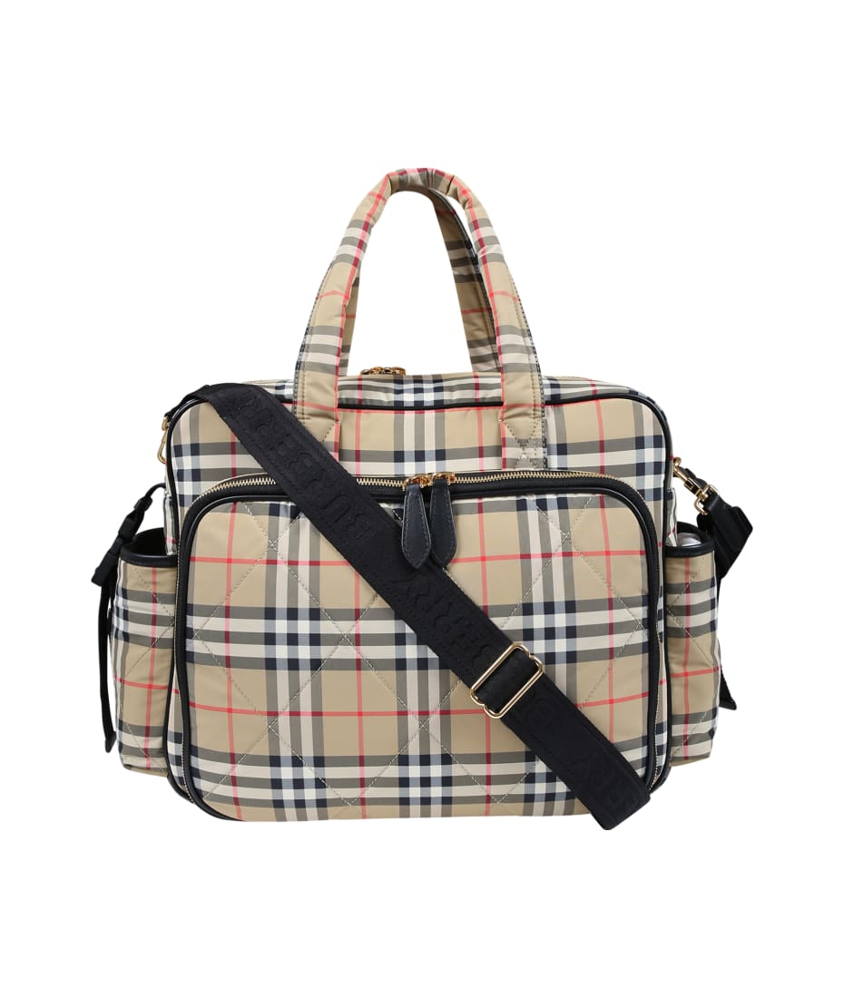 Burberry Vintage Check & Leather Diaper Bag W/ Changing Pad In Beige