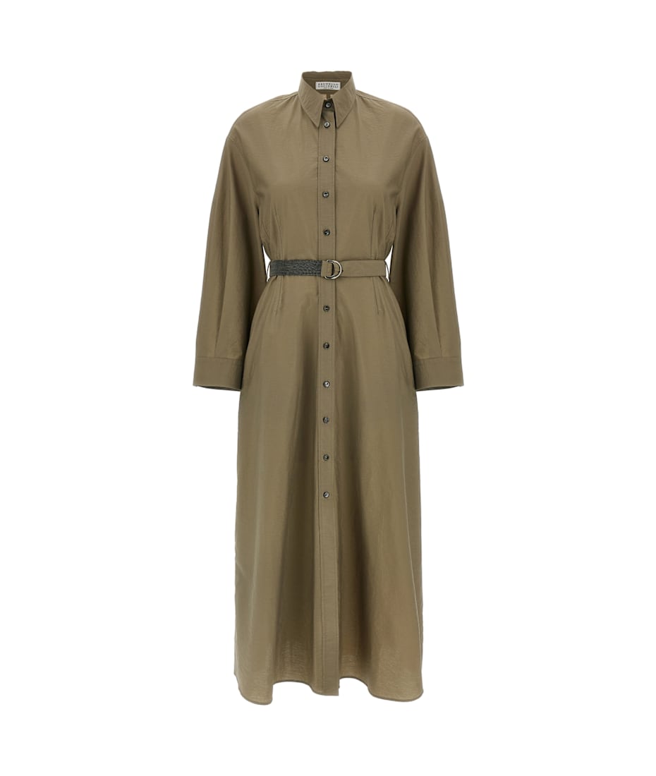 ワンピース BRUNELLO CUCINELLI COTTON TECHNO CHEMISIER DRESS Poplin chemisier dress with monili for Woman in Green