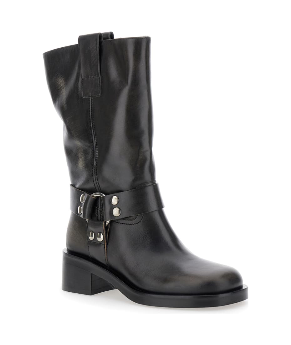 Strategia Black Ankle Boots With Studs And Ring In Leather