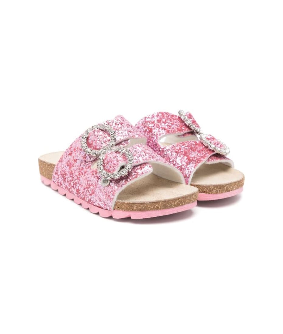 Pink Glittered Sandals With Crystal Buckle In Tech Fabric Girl