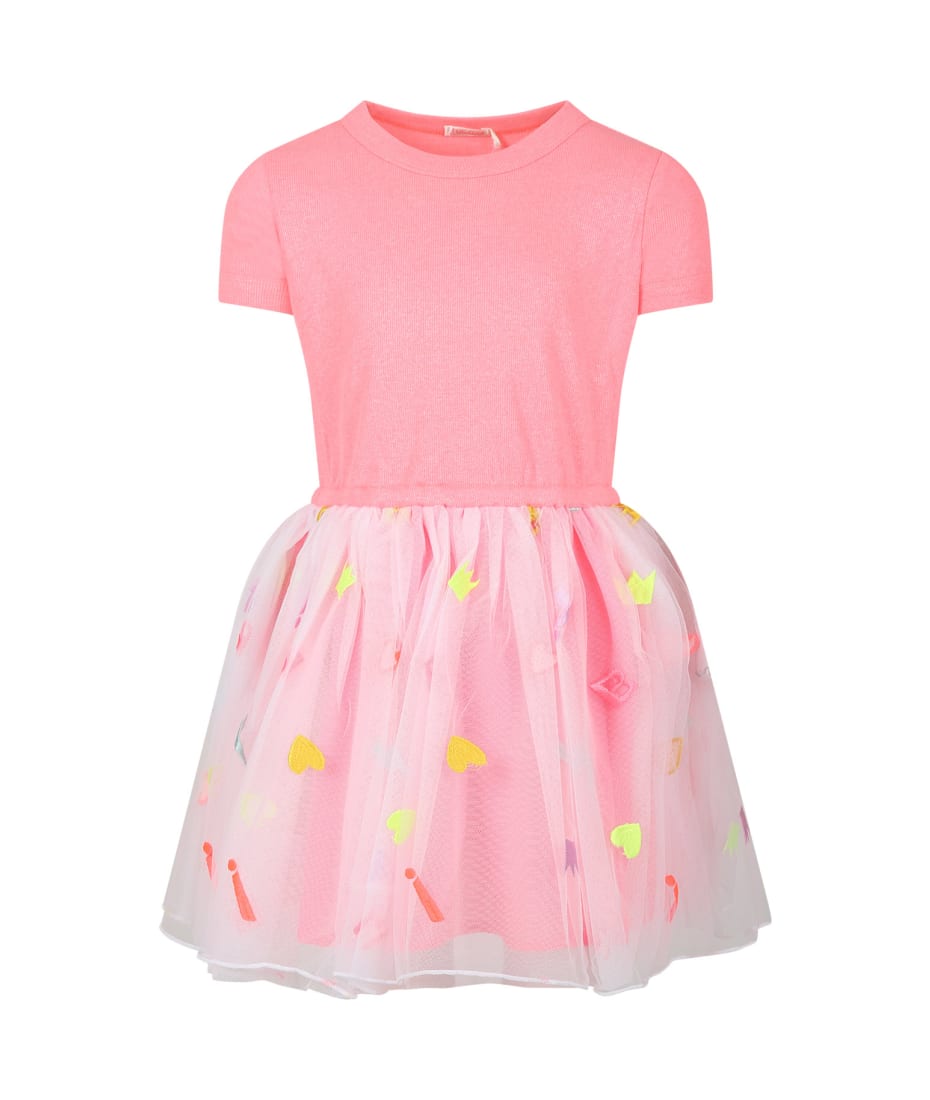 Billieblush Fuchsia Dress For Girl With Tulle And Multicolor