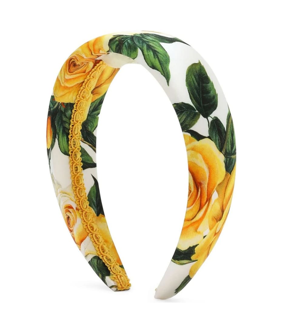 Dolce & Gabbana Satin Headband With Yellow Rose Print - Yellow