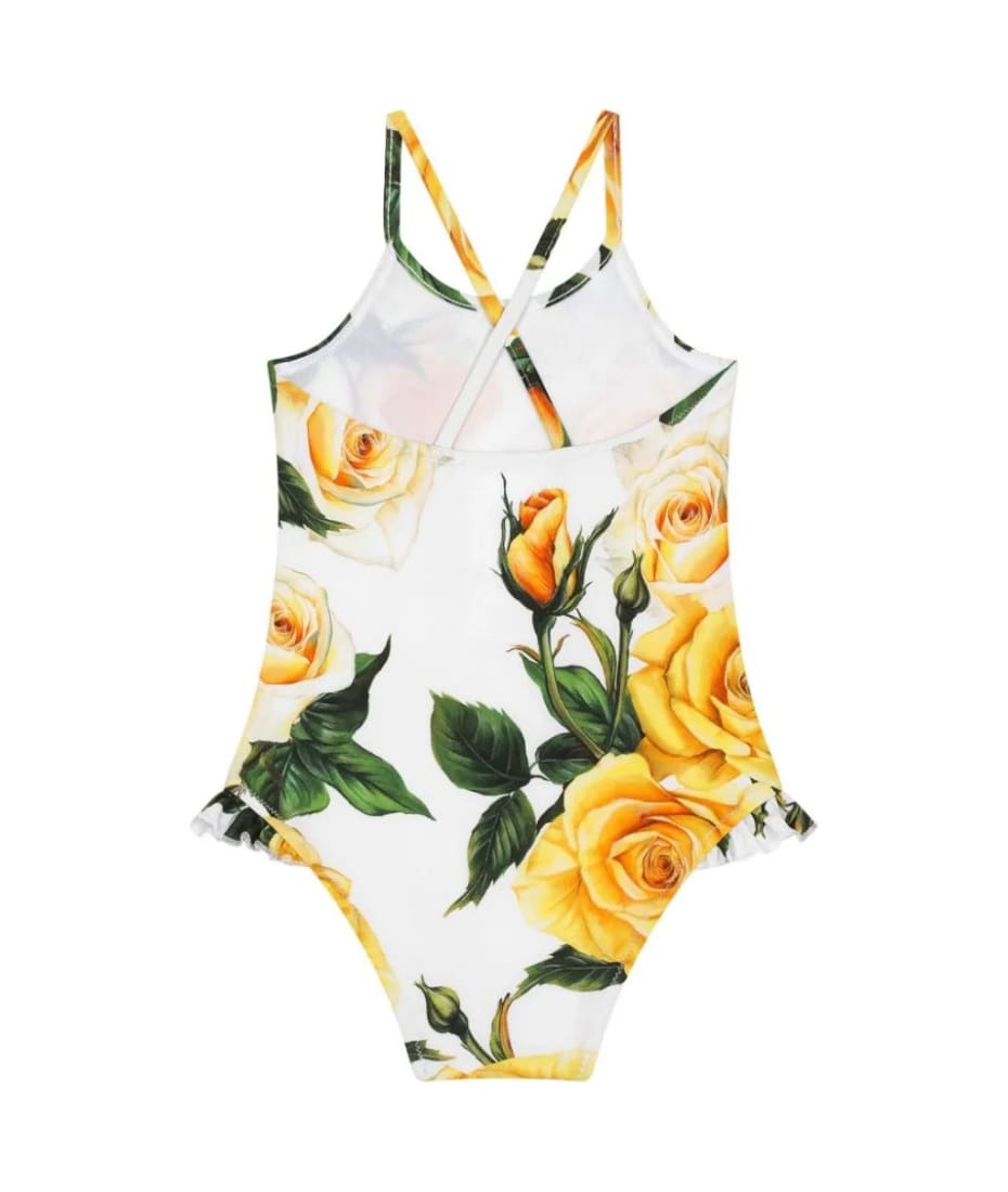 Dolce & Gabbana Runde Vase Weiß White One-piece Swimwear With Yellow Rose Print - Yellow