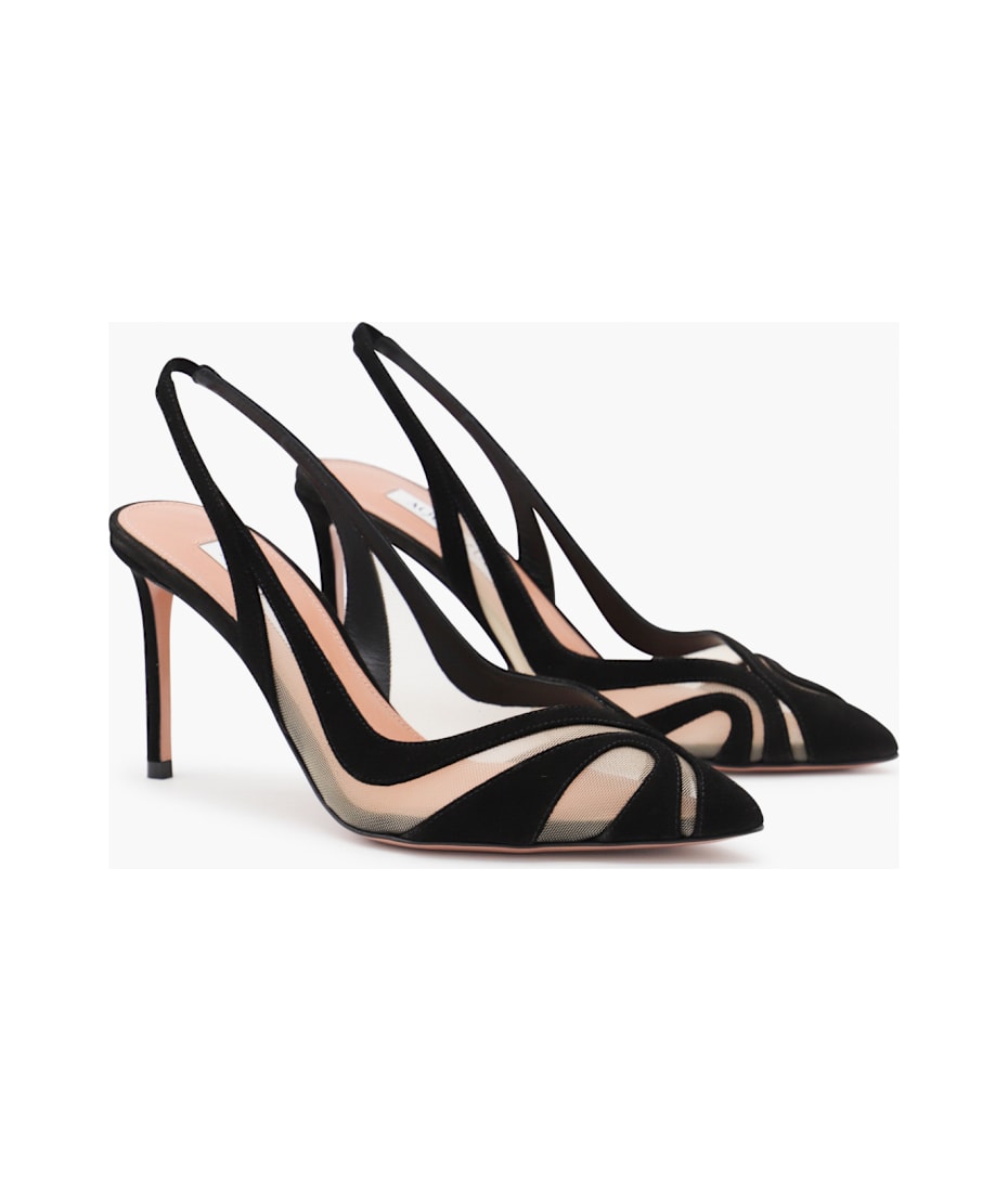 Aquazzura Black Leather Lune Sling 85 Pumps | italist