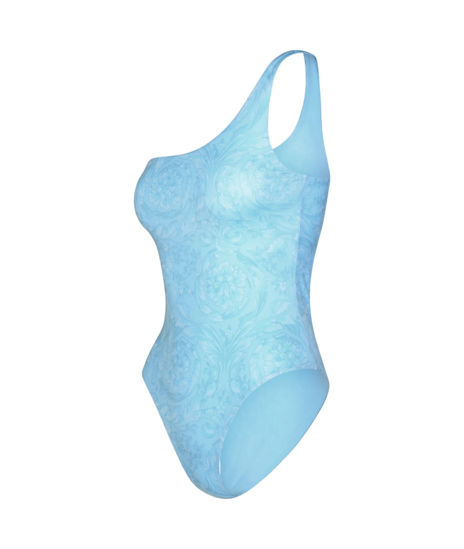 Versace Asymmetric 'barocco' One-piece Swimsuit In Light Blue Polyester Blend - Pale Blue